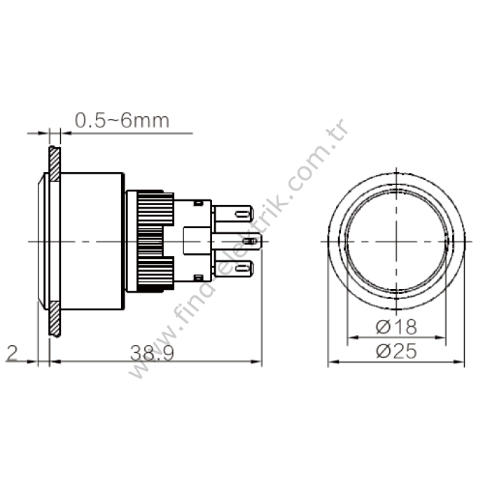 Butto K16-G-372-RA2 16-22mm Yuvarlak Gövde Kırmızı Işıklı Kalıcı Buton 220V