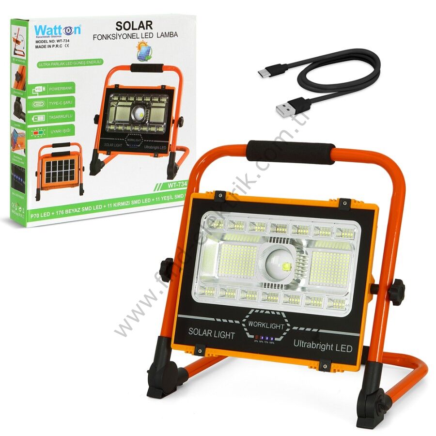 Watton WT-734 P70 LED Solar Panel Şarjlı Taşınabilir Projektör (176 SMD + Yan LED)