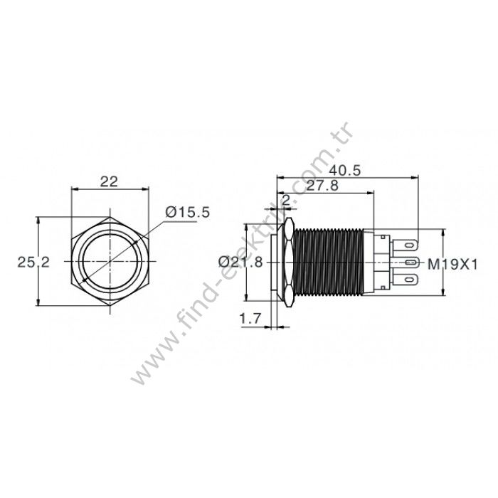 Butto J19-221 19mm Çıkık Yaylı Metal Buton 6-24V DC 220V AC