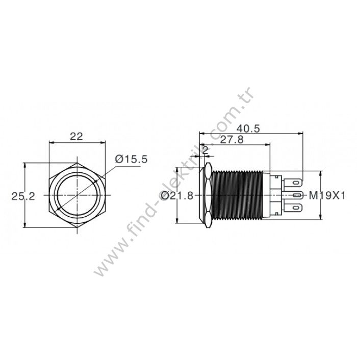 Butto J19-311 19mm Düz Kalıcı Metal Buton 6-24V DC 220V AC