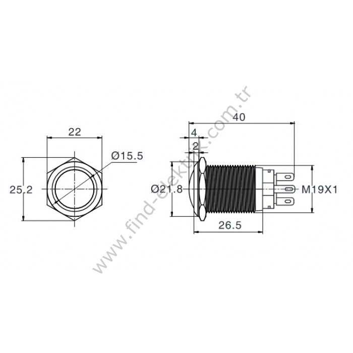 Butto J19-331 19mm Bombeli Kalıcı Metal Buton 6-24V DC