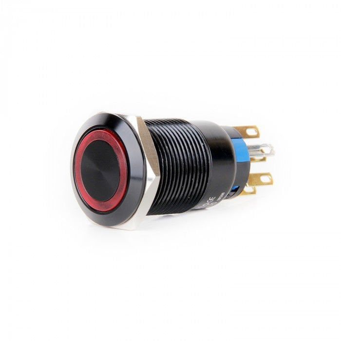 Butto J19-372-AK-YD 19mm Metal Siyah Gövde Sarı LED Işıklı Kalıcı Buton 6-24V DC