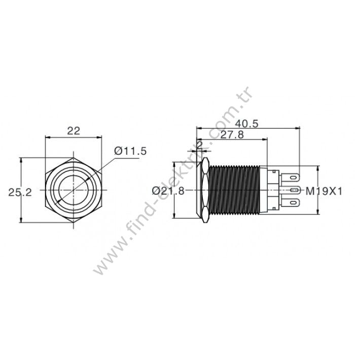 Butto J19-372-JT-GD 19mm Metal Yeşil Led Işıklı Yön (Ok) Logo Kalıcı Buton 6-24V DC