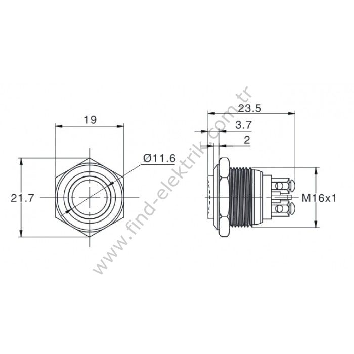 Butto EJ16-221A 16mm Işıksız Çıkık Çelik Kafa Yaylı Buton ıp67