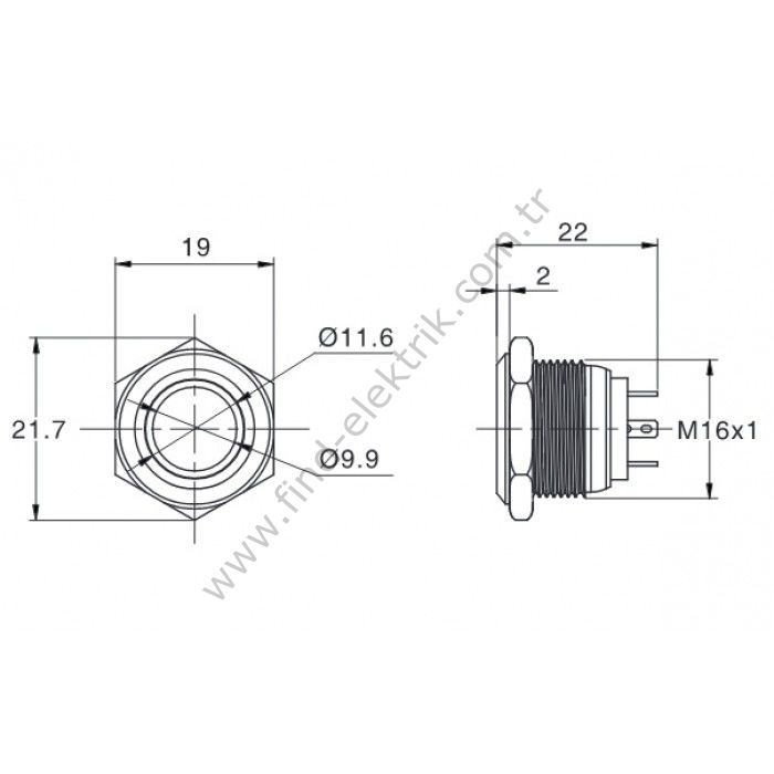 Butto EJ16-271P-RD 16mm Düz Yaylı Kırmızı Işıklı Kısa Gövde Metal Buton 6-24V AC/DC