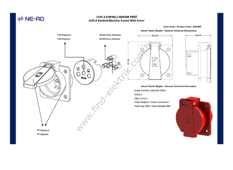 NE-AD 1005-MP 3X25A Kapaklı Makina Prizi
