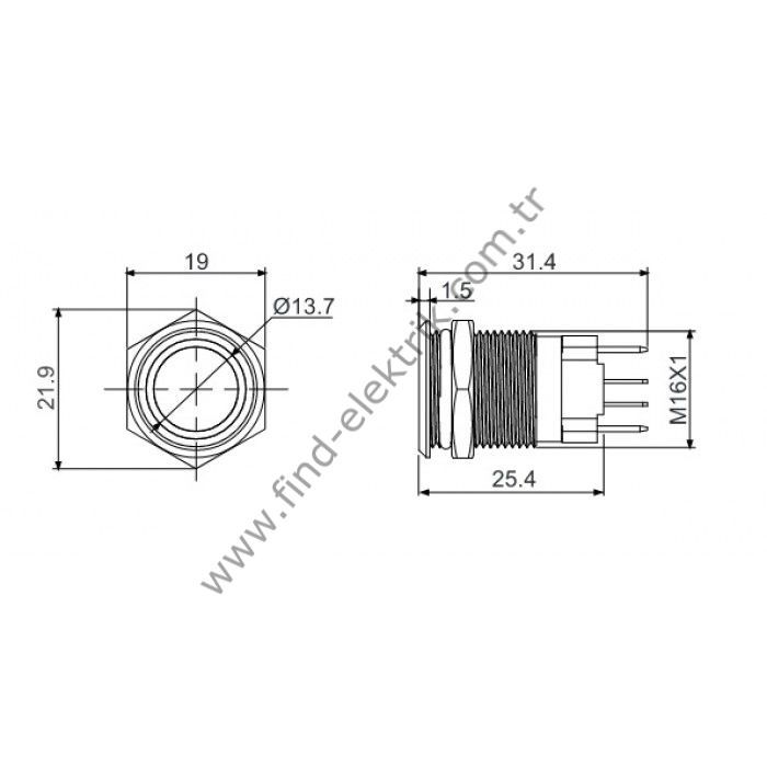 Butto J19-C-371-BA2 16mm Metal Kalıcı Butonlar IP67 220V AC 20 AMPER