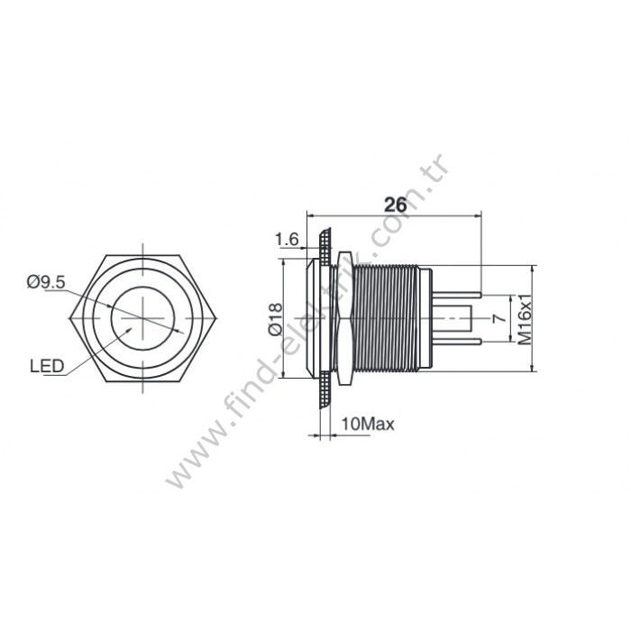 Butto J16-170P-RA2 16mm IP67 Metal Sinyal Lambası 220VAC Kırmızı