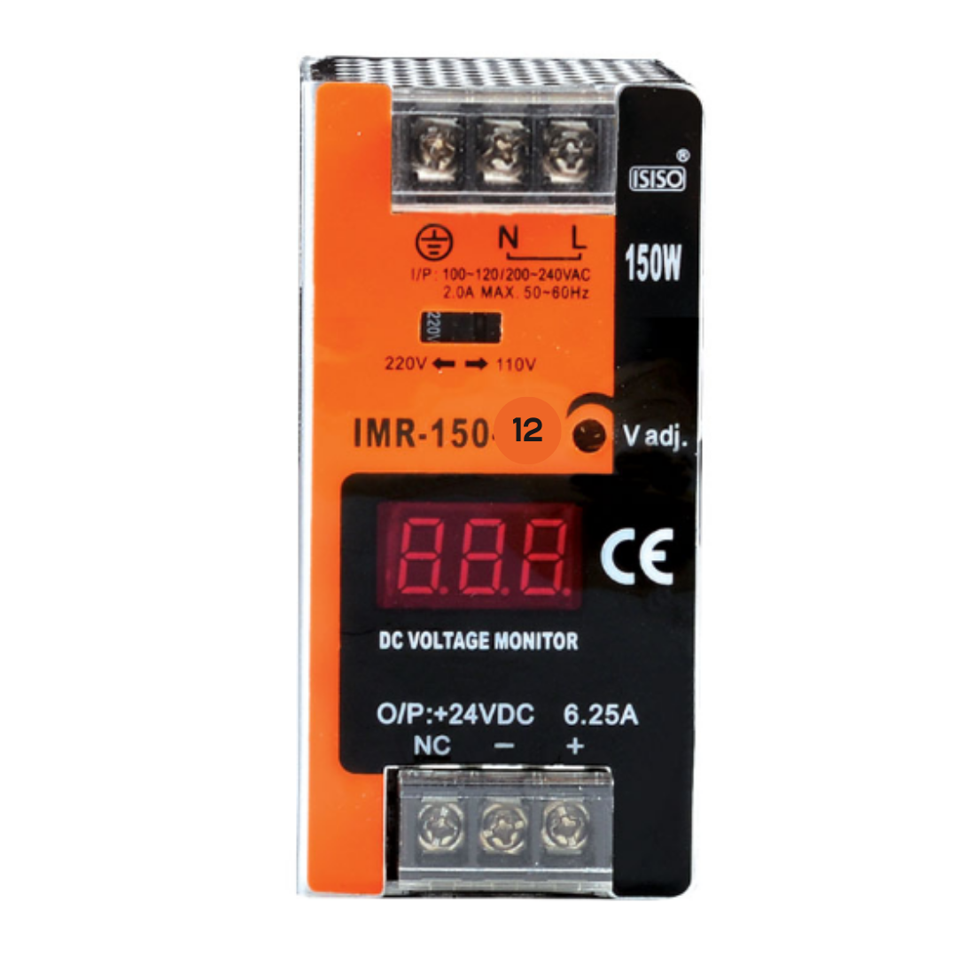 Isıso IMR-150-12 150 W 12 VDC 12.5 A 83*49*100mm  Mini Göstergeli Raya Montajlı Switching Güç Kaynağı