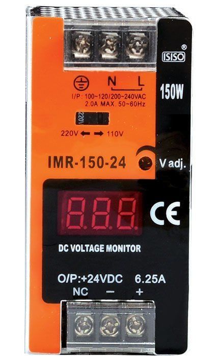 Isıso IMR-150-24 150 W 24 VDC 6.25 A 83*49*100mm  Mini Göstergeli Raya Montajlı Switching Güç Kaynağı