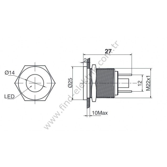 Butto J22-170P-RA2 22mm IP67 Metal Sinyal Lambası 220VAC Kırmızı