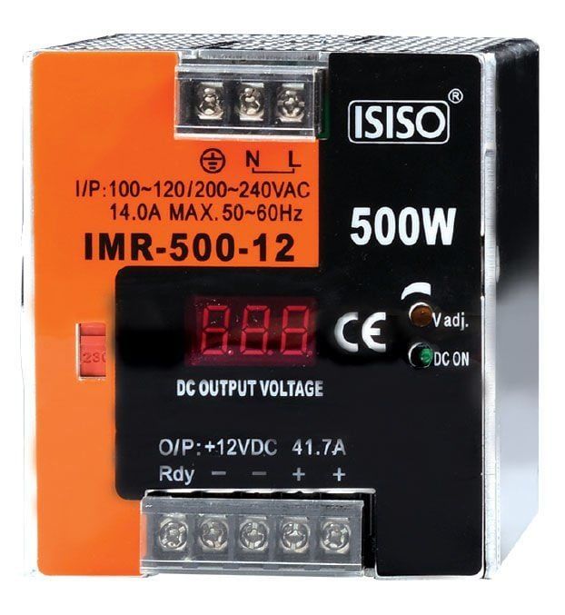 Isıso IMR-500-12 500 W 12 VDC 37.5 A 100*90*110mm  Mini Göstergeli Raya Montajlı Switching Güç Kaynağı