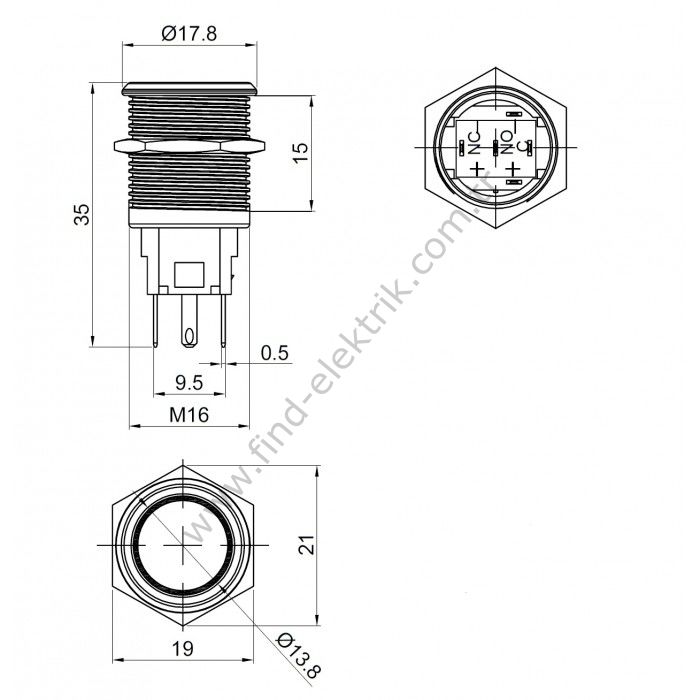 Gerta EGT16-371-BD 16mm Düz Kalıcı (Anahtarlı) Mavi Işıklı Metal Buton 6-24V AC/DC