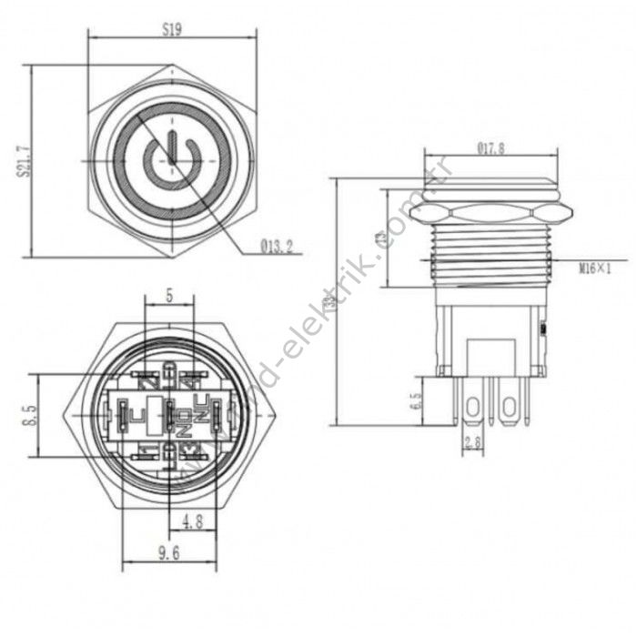 Gerta EGT16-271-P-BD 16mm Düz Yaylı Mavi Power Işıklı Metal Buton 6-24V AC/DC