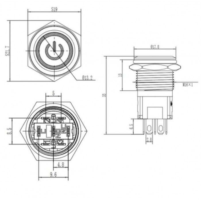 Gerta EGT19-371-RD 19mm Düz Kalıcı (Anahtarlı) Kırmızı Işıklı Metal Buton 6-24V AC/DC