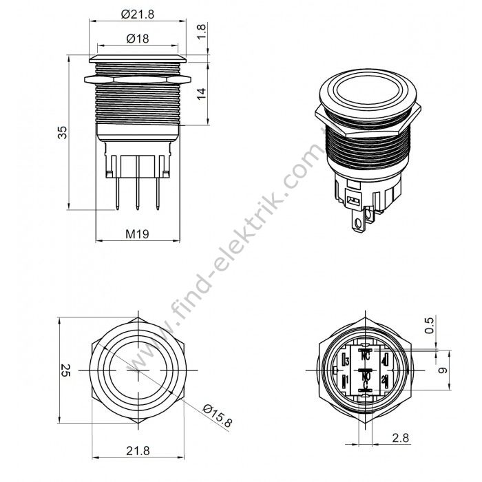 Gerta EGT19-271-YD 19mm Düz Yaylı Sarı Işıklı Metal Buton 6-24V AC/DC