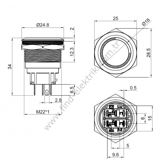 Gerta EGT22-371-P-RD 22mm Düz Kalıcı (Anahtarlı) Kırmızı Power Işıklı Metal Buton 6-24V AC/DC