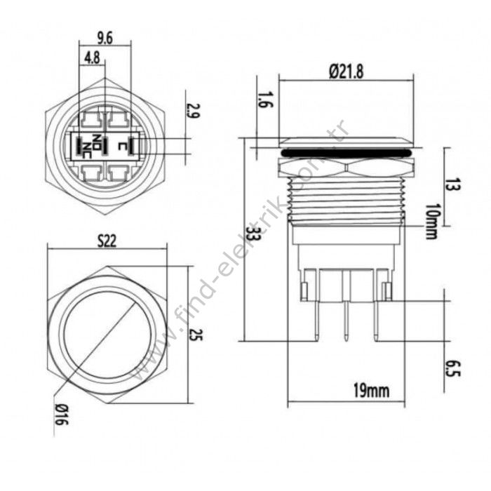 Gerta EGT19-211 19mm Düz Yaylı Metal Buton